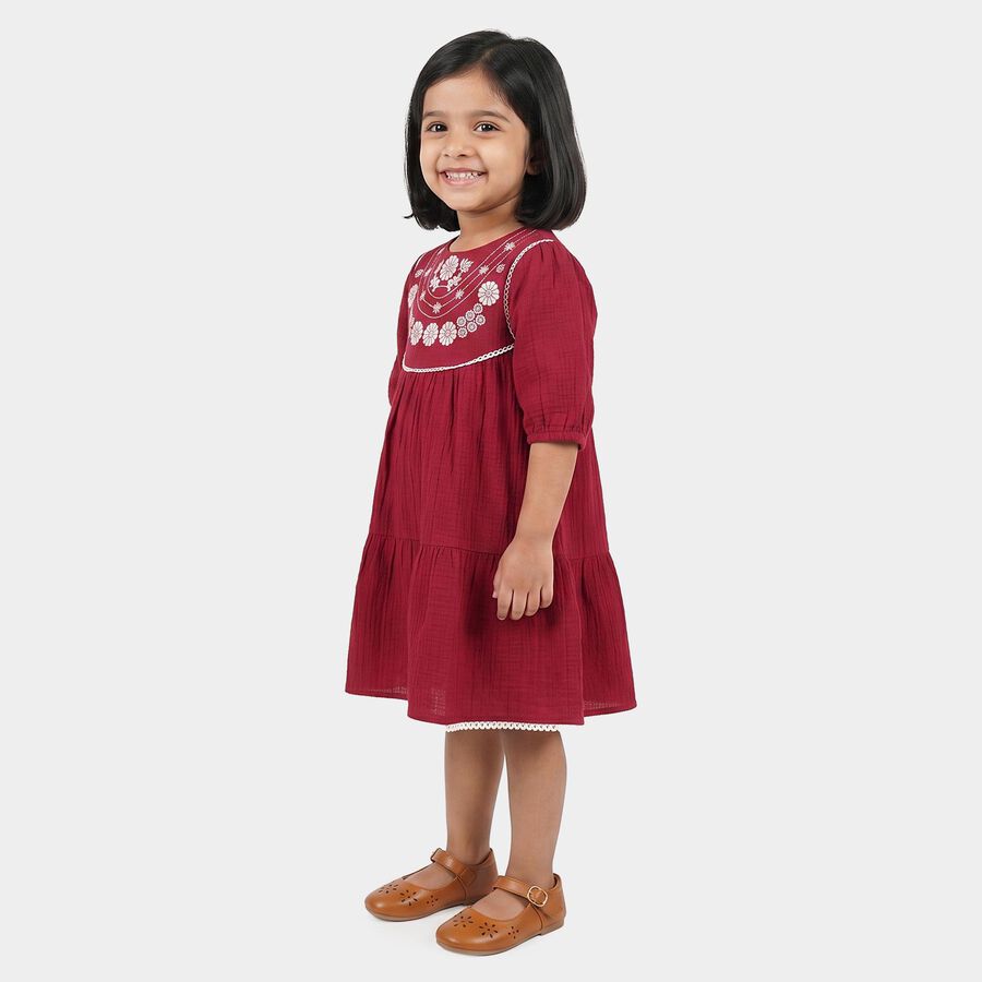 Girls' Maroon Tiered Embroidered Yoke Frock, वाइन, large