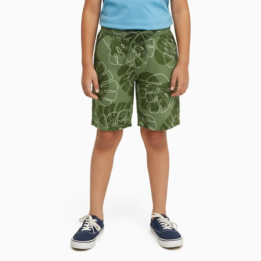 Boys' Tropical Green Cotton Printed Bermuda Shorts, ओलिव, large image number null