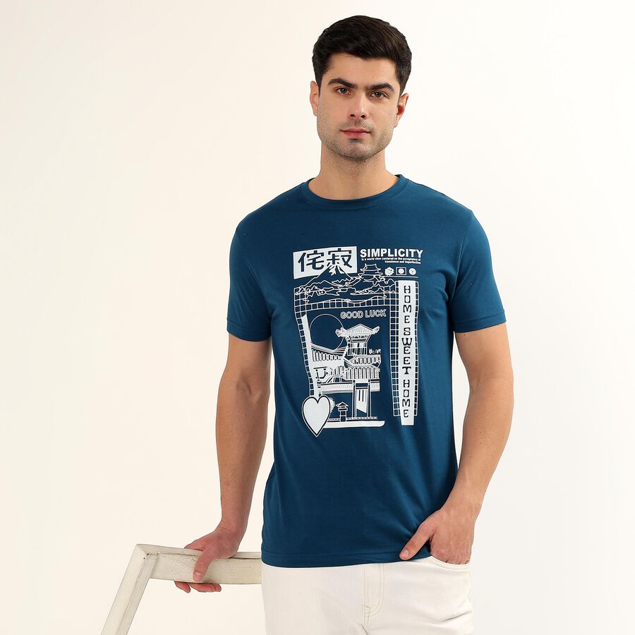 Men's Dark Petrol Blue Round Neck Graphic Printed T-Shirt, Teal Blue, large