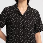 Women Black Floral Camp Collar Shirt, Black, small