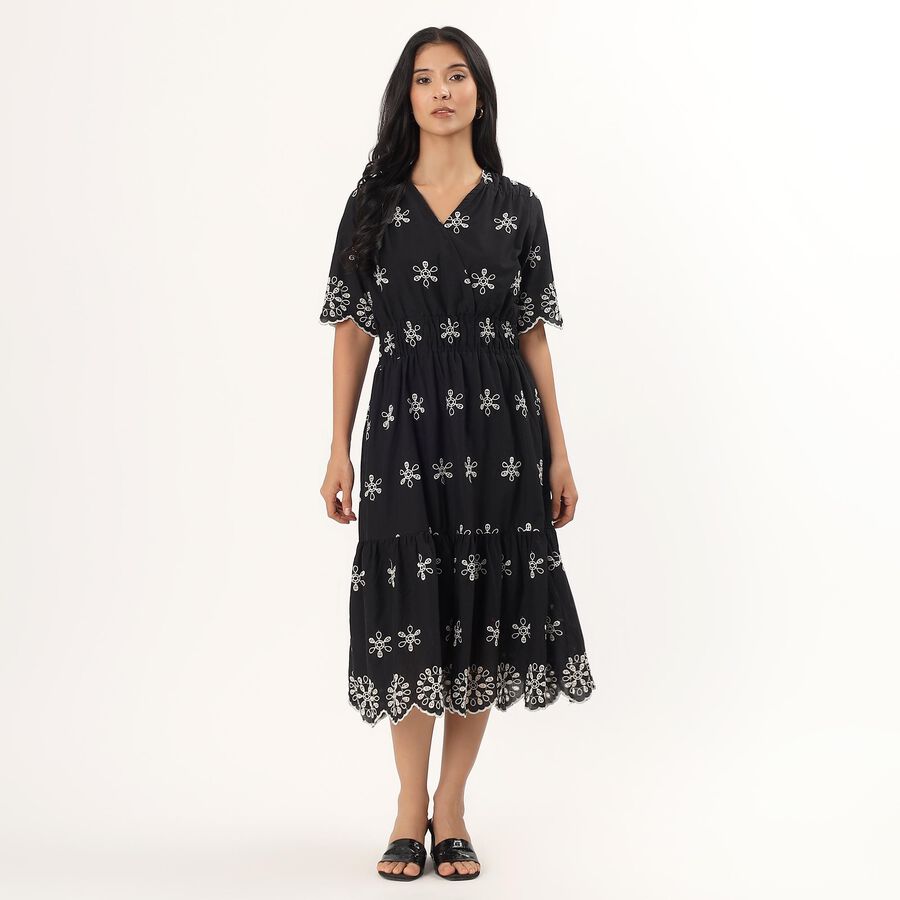 Women's Black Cotton Collar Neck Casual Shirt Dress, Black, large