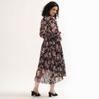 Women's Black Floral Mandarin Collar Midi Dress, Black, small