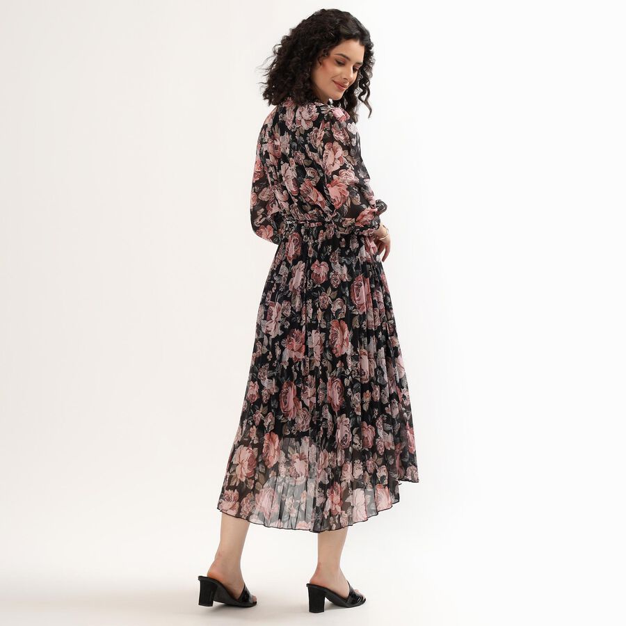Women's Black Floral Mandarin Collar Midi Dress, Black, large
