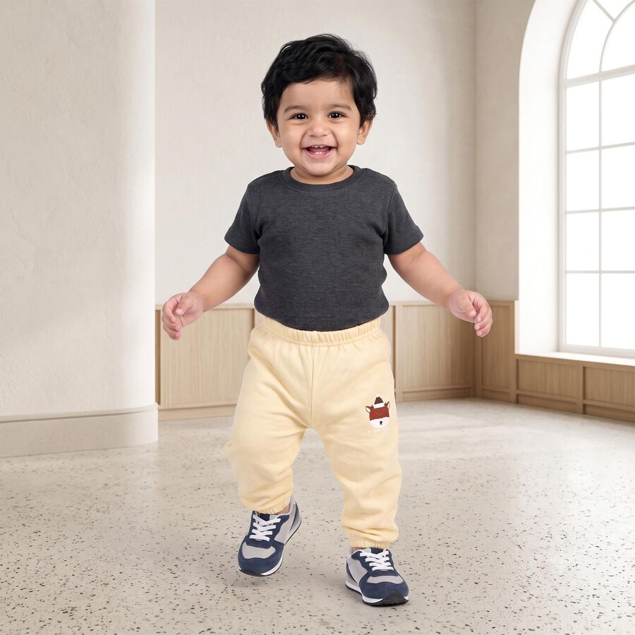 Infants Beige Jogger Graphic Printed Pyjama, गहरा पीला, large