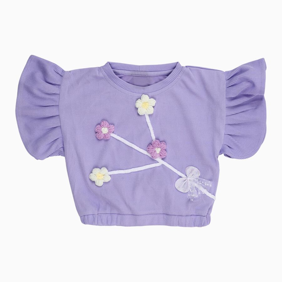 Girls' Lavender Round Neck Ruffle Sleeve Floral T-Shirt, लाइलेक, large