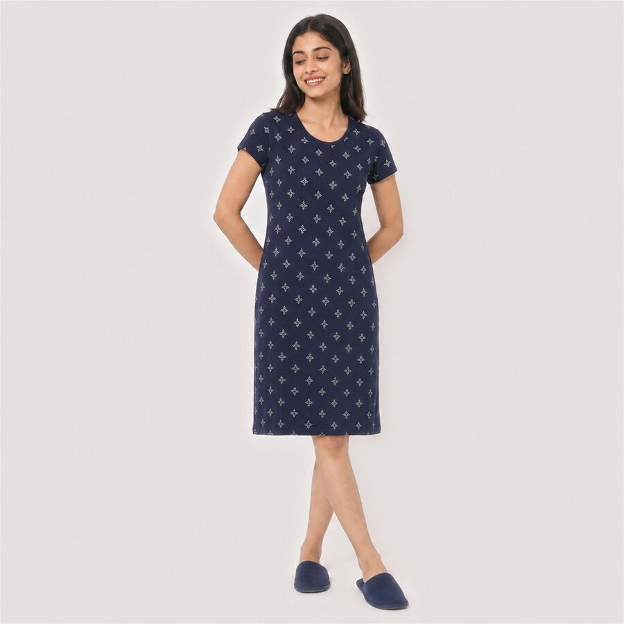 Women's Navy Blue Round Neck T-Shirt Style Nighty, Navy Blue, large