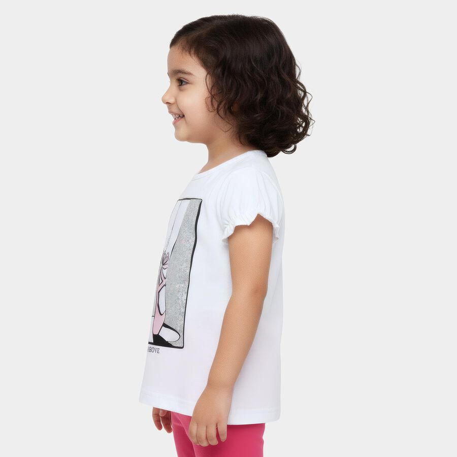 Girls White Cotton Round Neck Casual T-Shirt, सफ़ेद, large