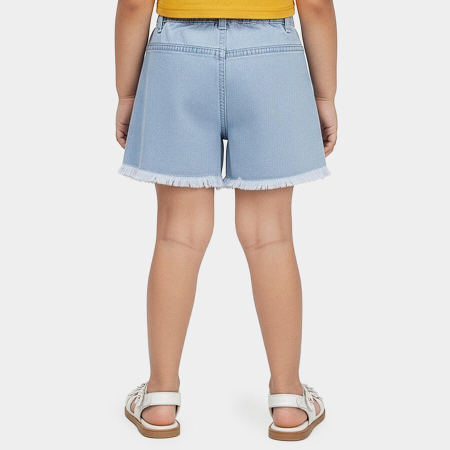 Girls' Light Blue Regular Fit Frayed Hem Denim Shorts, Light Blue, large
