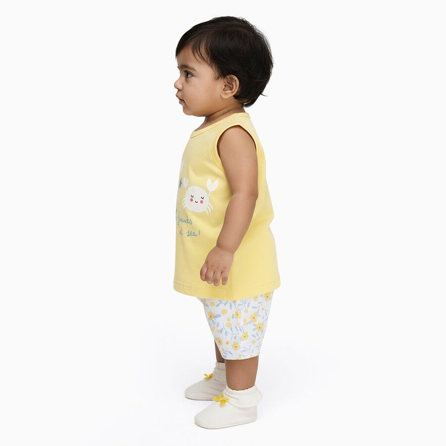 Infants' Light Yellow Cotton Sleeveless Top and Floral Shorts Set, Yellow, large image number null