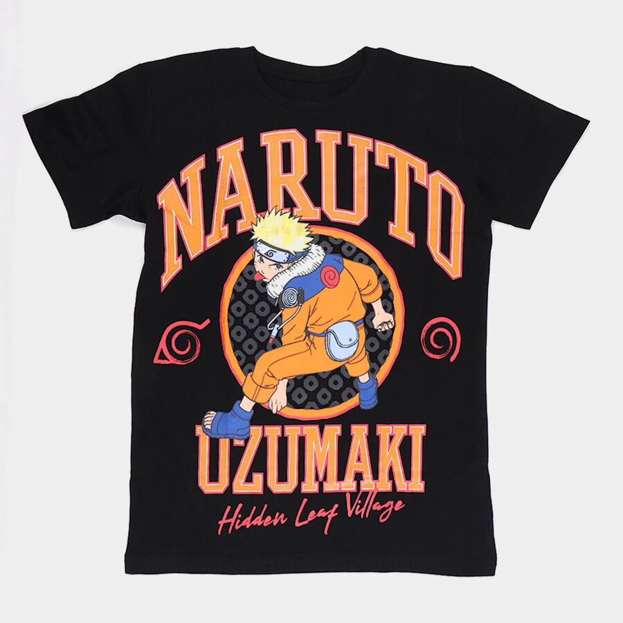 Boys' Black Cotton Round Neck Graphic Printed T-Shirt, Black, large
