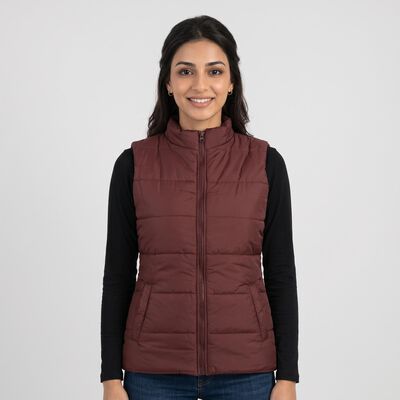 Women's Maroon Stand Collar Puffer Jacket
