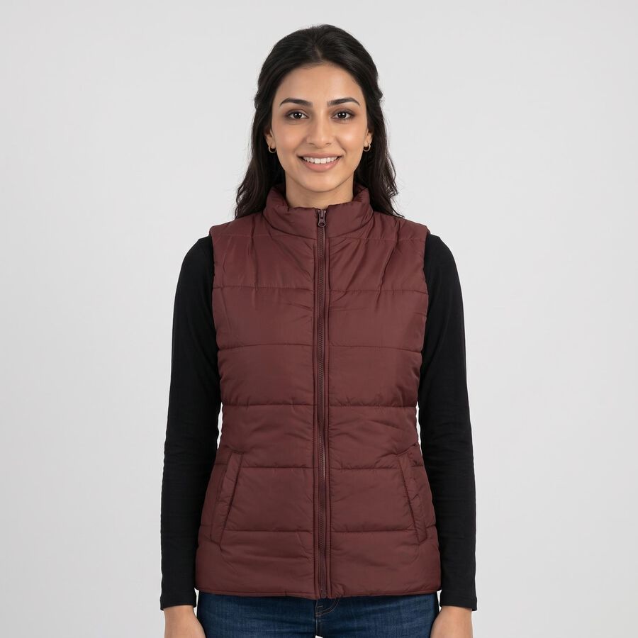 Women's Maroon Stand Collar Puffer Jacket, Wine, large