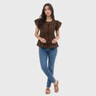 Women's Brown Round Neck Peplum Top, भूरा, small