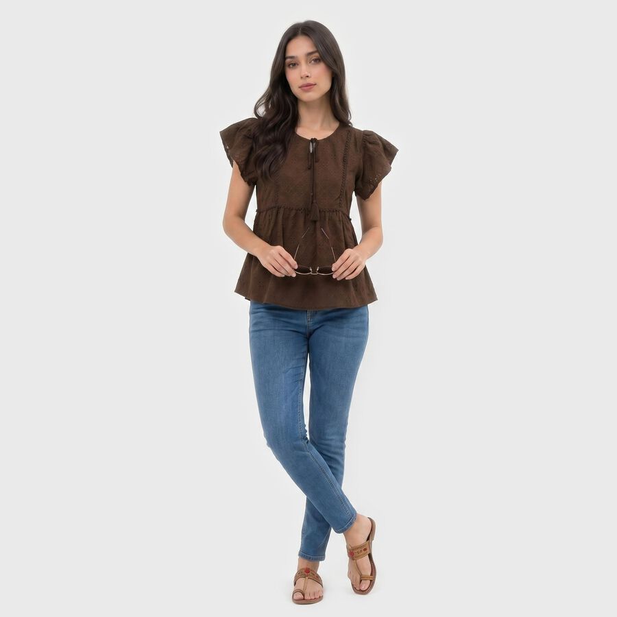Women's Brown Round Neck Peplum Top, भूरा, large