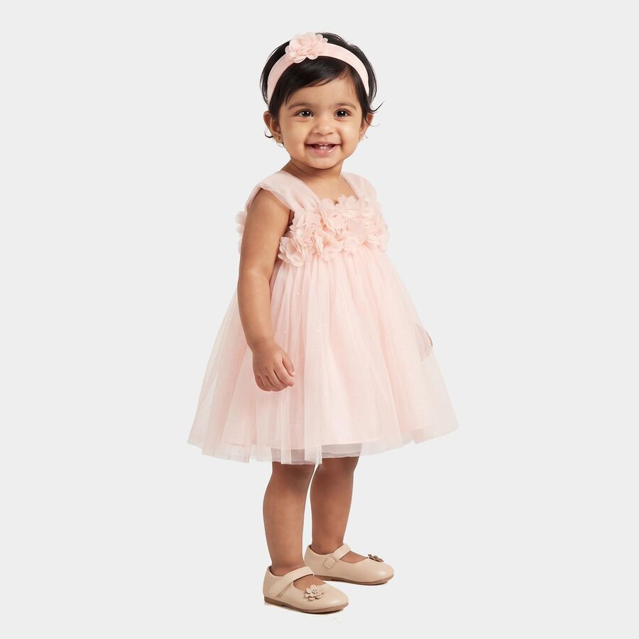Infants' Peach Fit and Flare Floral Applique Party Wear Frock, पीच, large
