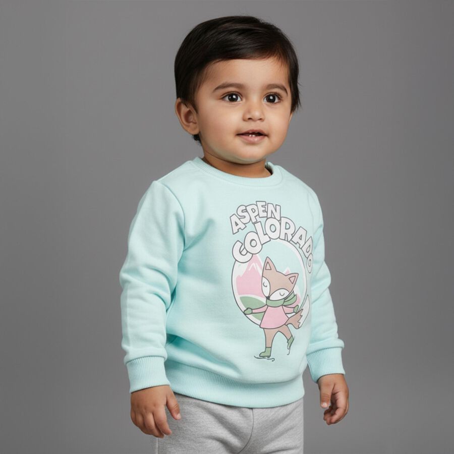 Infants Bright Aqua Cotton Crew Neck Casual Sweatshirt, एक्वा, large image number null