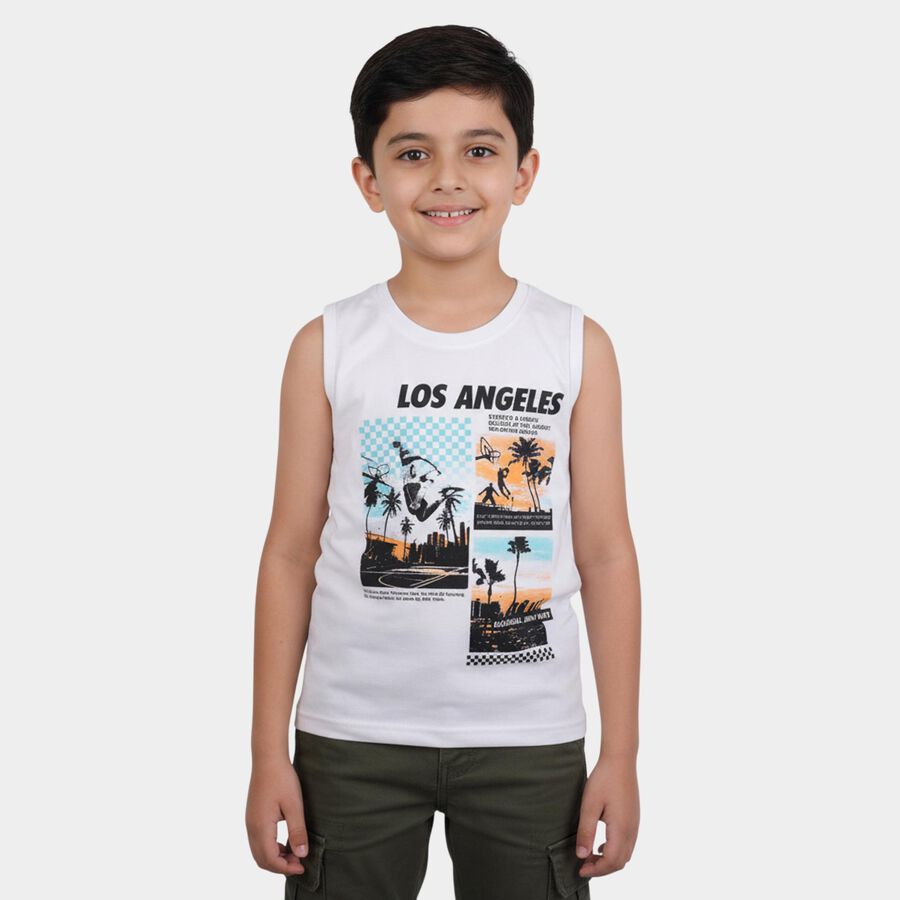 Boys White Round Neck Casual Sleeveless T-Shirt, White, large