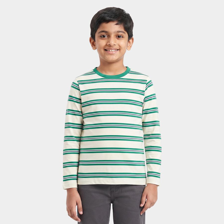 Boys' Dark Green Crew Neck Striped Regular Boys T-Shirt, Dark Green, large