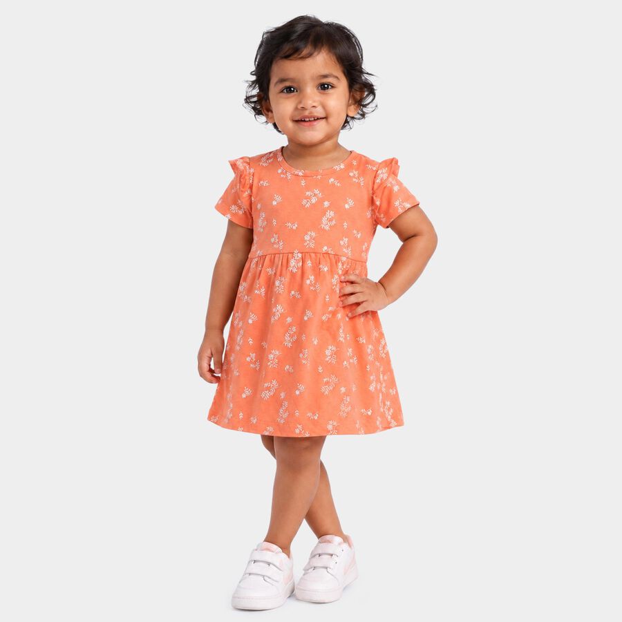 Infants' Peach Floral Printed Fit and Flare Frock, पीच, large
