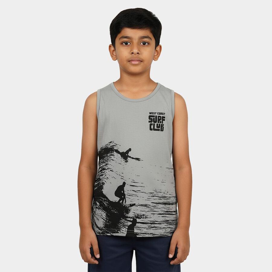 Boys Light Grey Round Neck Casual Printed T-Shirt, Light Grey, large