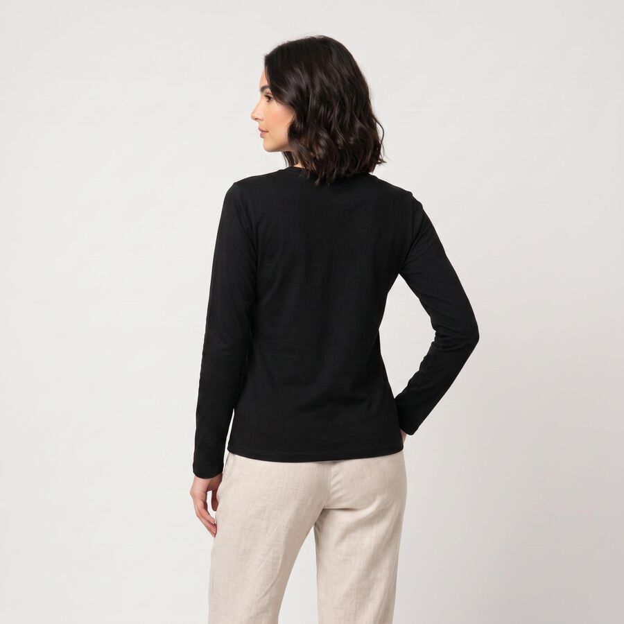 Women's Black Round Neck Regular Top, काला, large