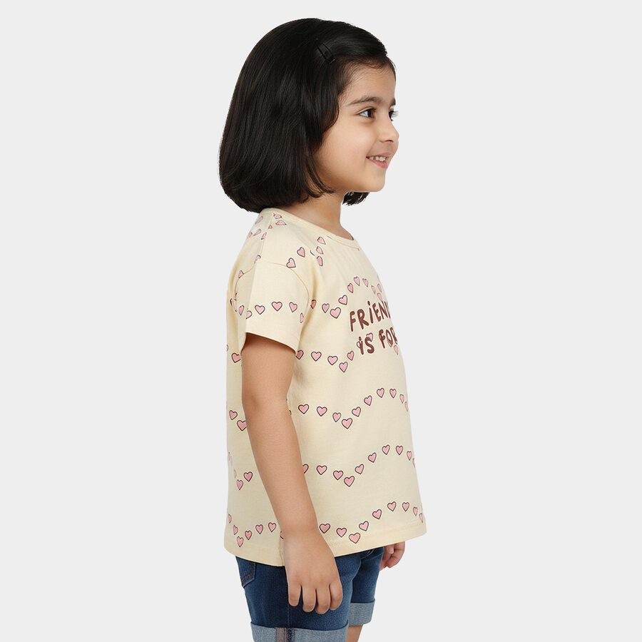 Girls Beige Cotton Round Neck Regular T-Shirt, गहरा पीला, large