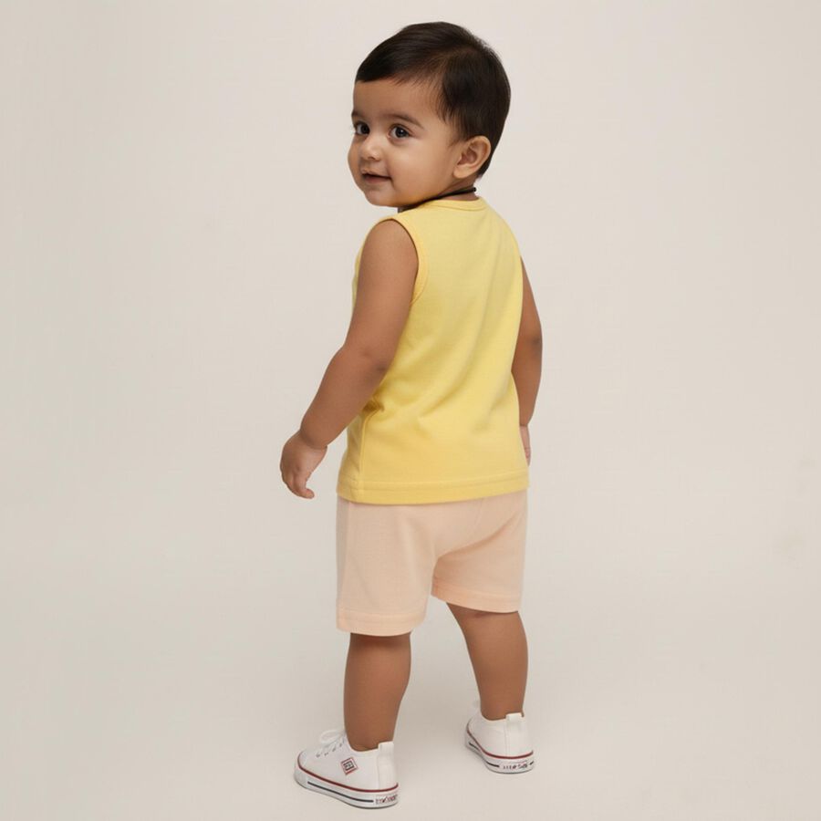 Infants Bright Yellow Cotton Round Neck Casual Sleeveless Top and Peach Shorts Set, Yellow, large image number null