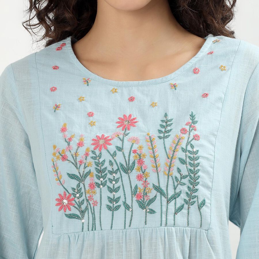 Women's Light Blue Cotton Round Neck Straight Kurta, Light Blue, large