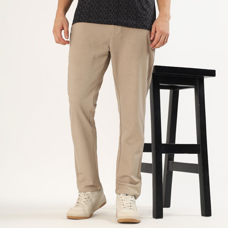 Men's Muted Beige Slim Fit Flat-Front Casual Trousers, गहरा पीला, large image number null