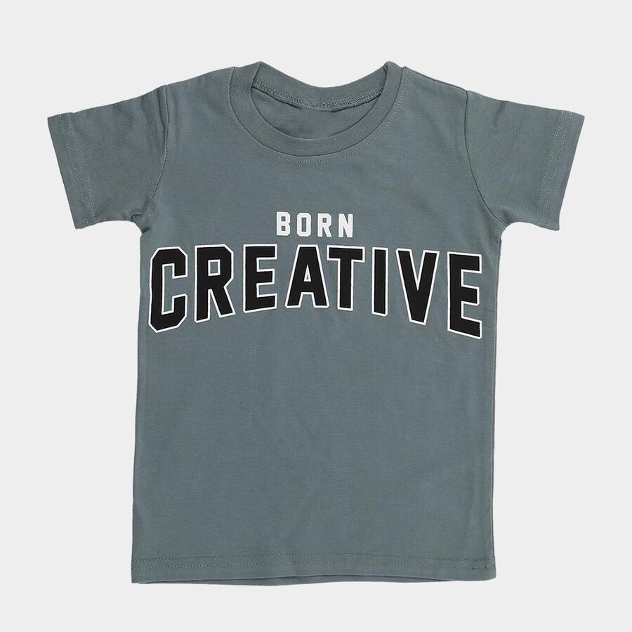 Boys Muted Olive Green Cotton Crew Neck Casual T-Shirt, Olive, large image number null