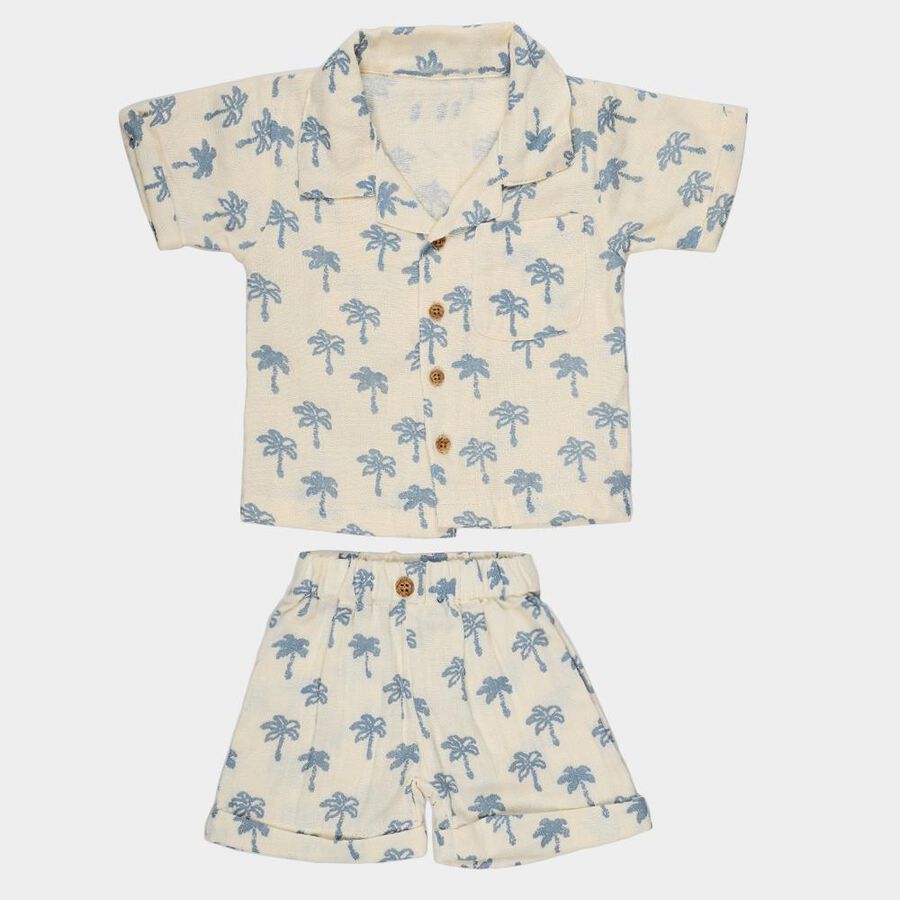 Infants' Off-White Cotton Collared Palm Tree Printed Baba Suit, Off White, large