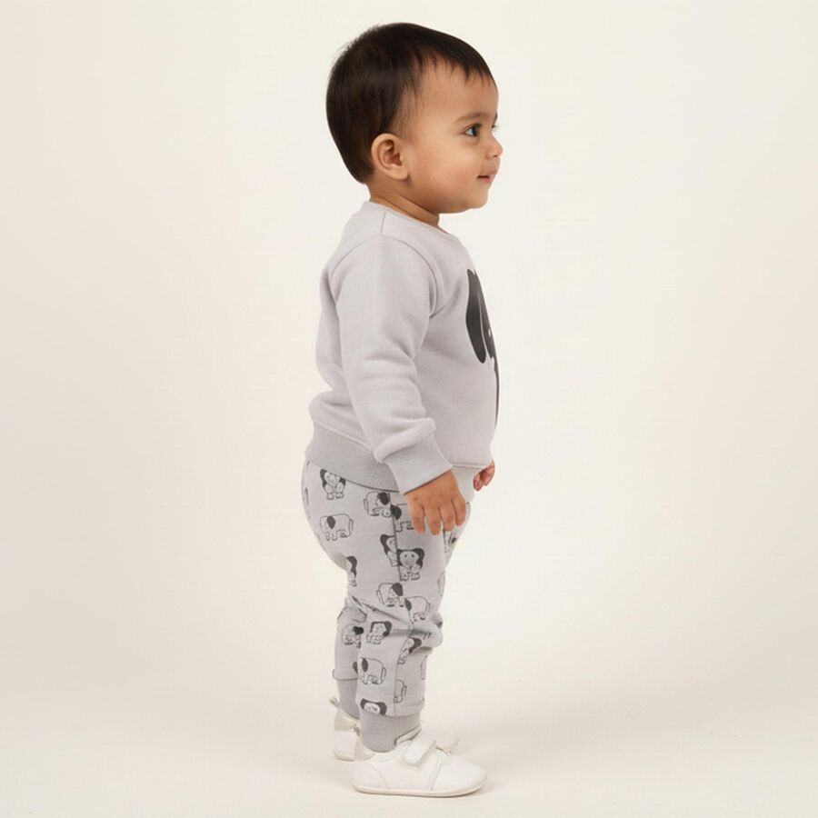 Infants' Light Grey Round Neck Elephant Printed Baba Suit, Light Grey, large image number null