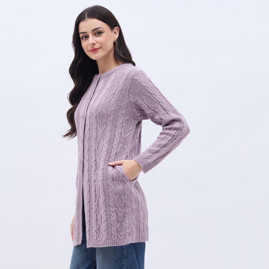 Women's Lavender Round Neck Casual Cardigan, लाइलेक, large image number null