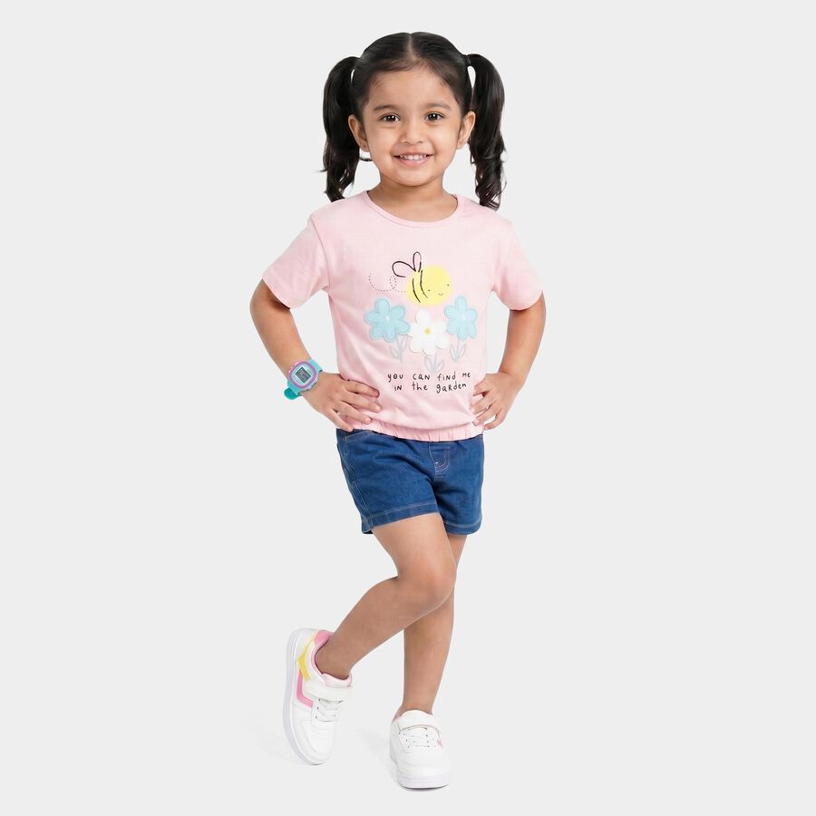 Girls Pink Cotton Round Neck Regular T-Shirt, Light Pink, large