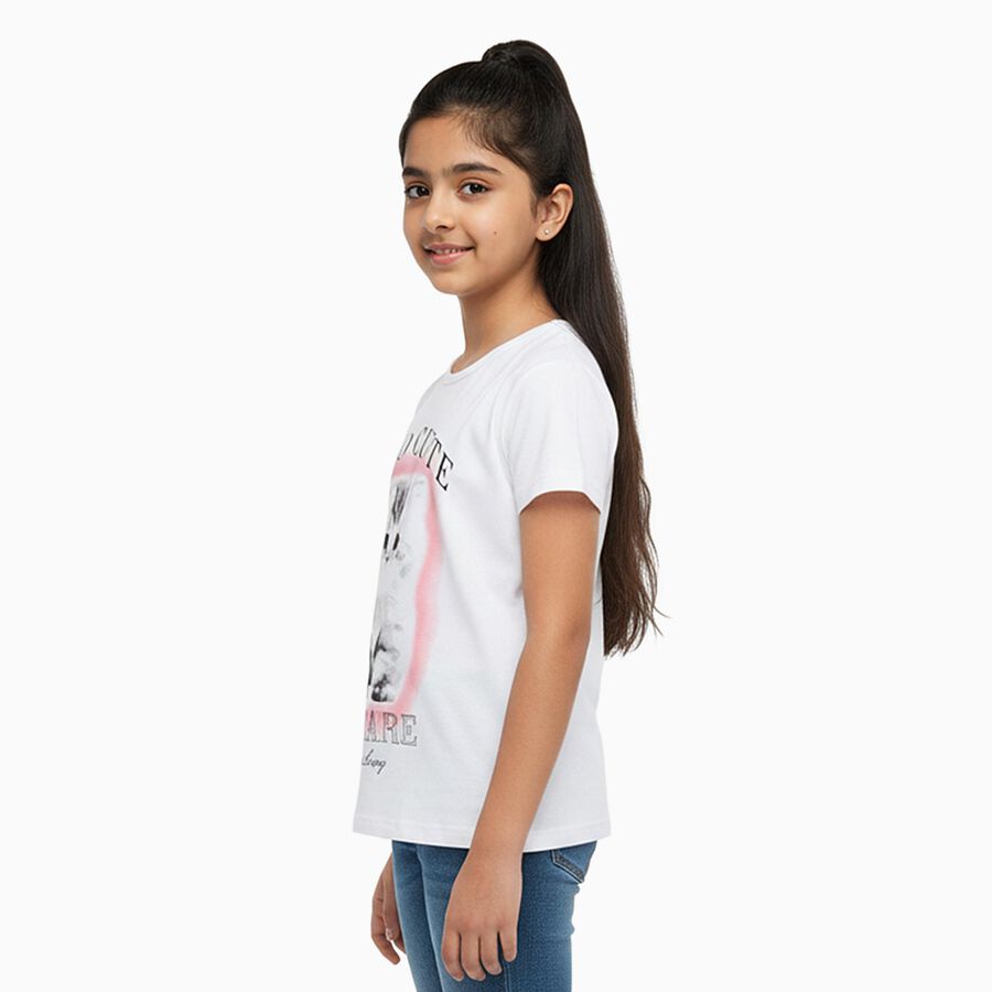 Girls Bright Snow White Cotton Round Neck Casual T-Shirt, सफ़ेद, large image number null