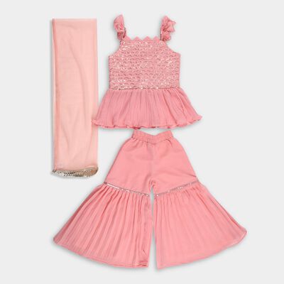 Girls' Soft Pink Sleeveless Festive Top and Palazzo Fusion Set with Dupatta