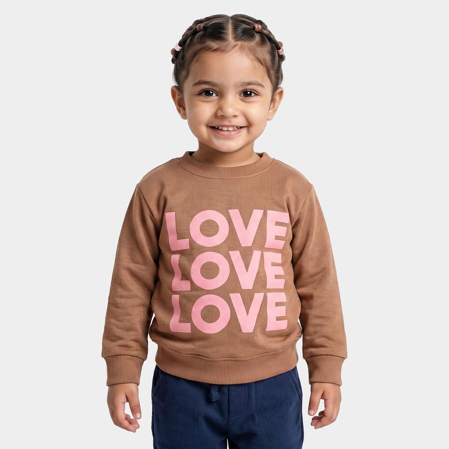 Girls' Brown Crew Neck Pullover Sweatshirt, भूरा, large