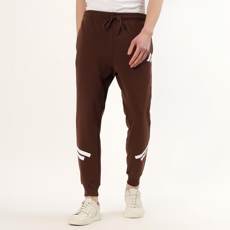 Men's Deep Mocha Brown Tapered Fit Printed Track Pants, Brown, large