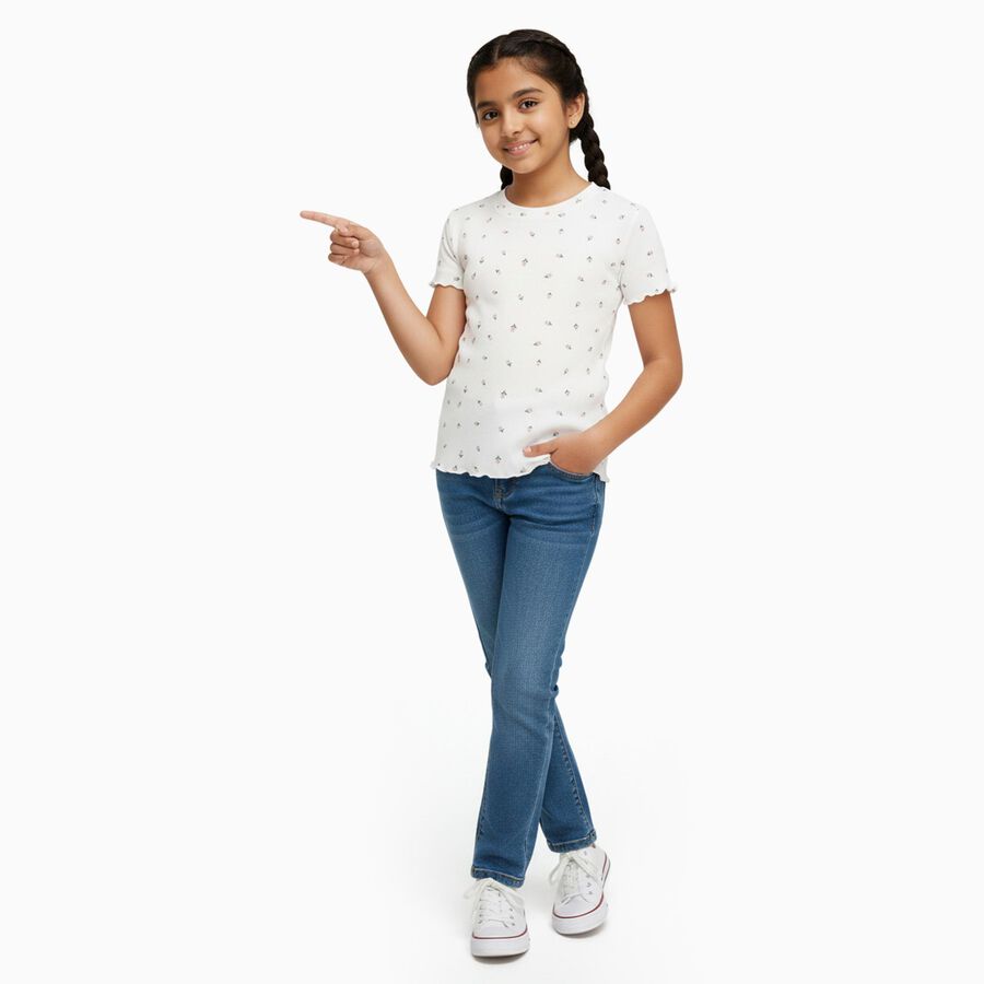Girls' Off White Round Neck Floral Printed T-Shirt, ऑफ व्हाइट, large image number null