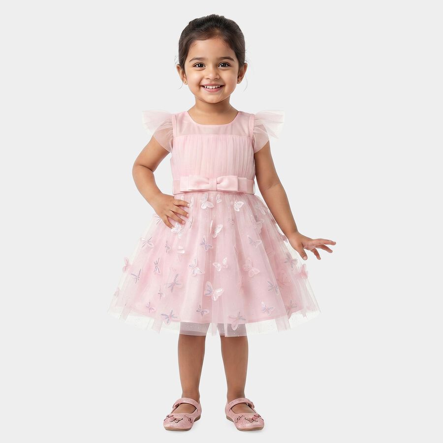 Girls Pink Fit and Flare Butterfly Applique Party Wear Frock, गुलाबी, large
