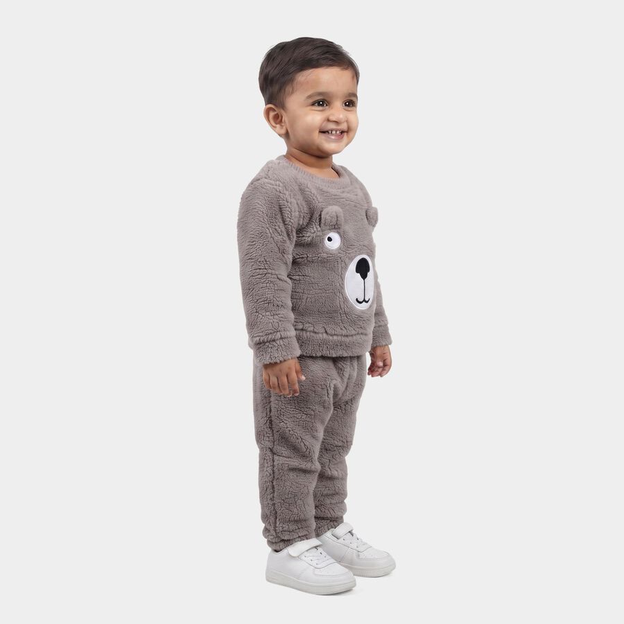 Infants' Grey Round Neck Bear Appliqu&eacute; Baba Suit, हल्का ग्रे, large