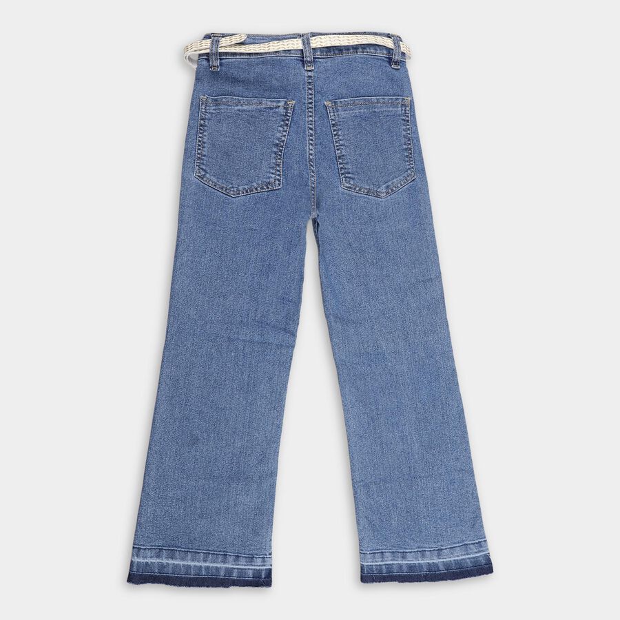 Girls' Stonewashed Blue Flared Fit Embroidered Jeans, Mid Blue, large