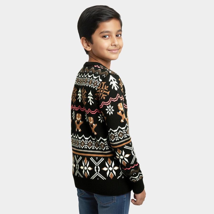 Boys Deep Charcoal Black Crew Neck Casual Pullover, Dark Green, large image number null