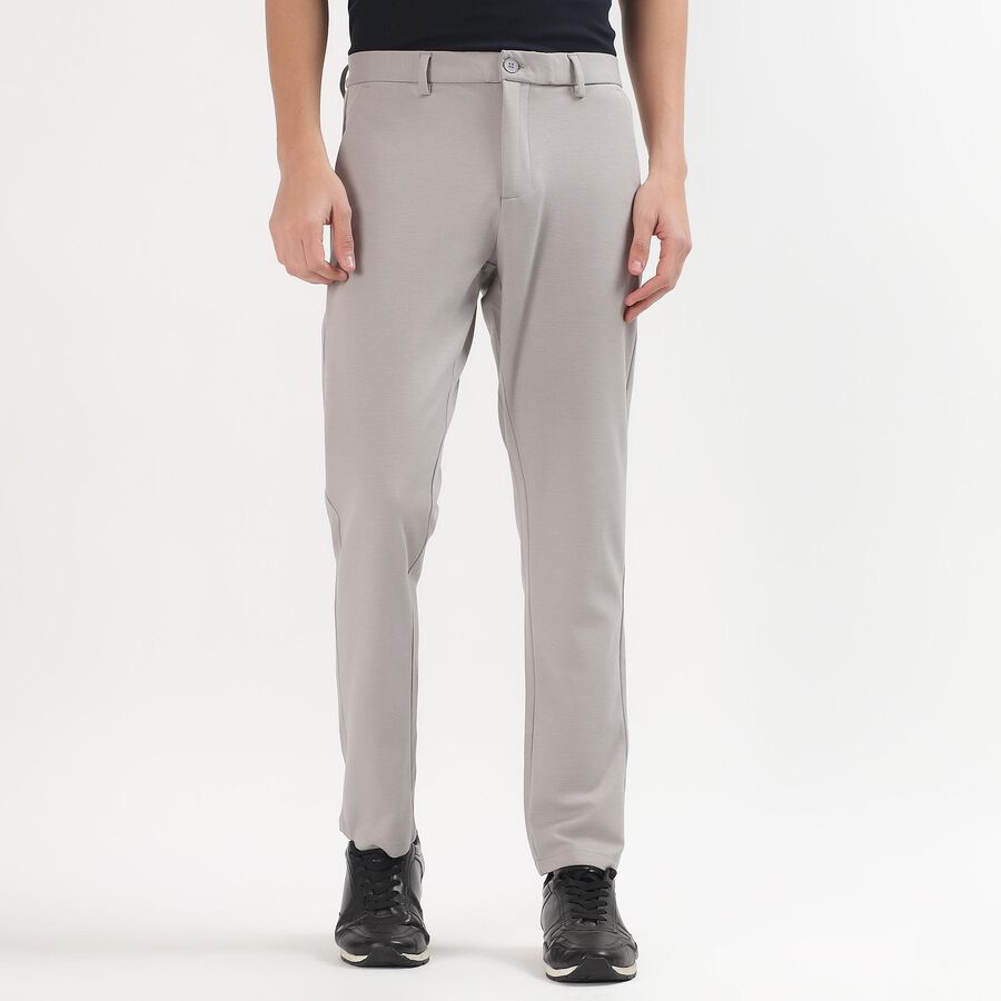 Men's Light Grey Slim Fit Flat-Front Casual Trousers, सिल्वर, large