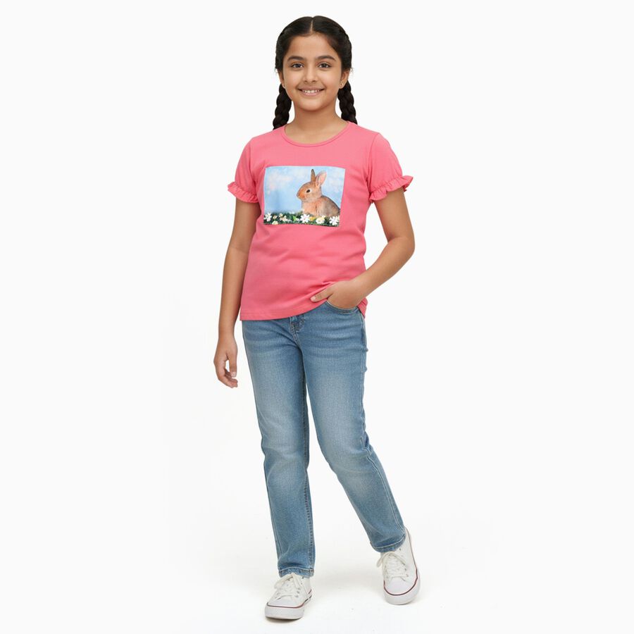 Girls Bright Pink Cotton Round Neck Casual T-Shirt, गुलाबी, large image number null