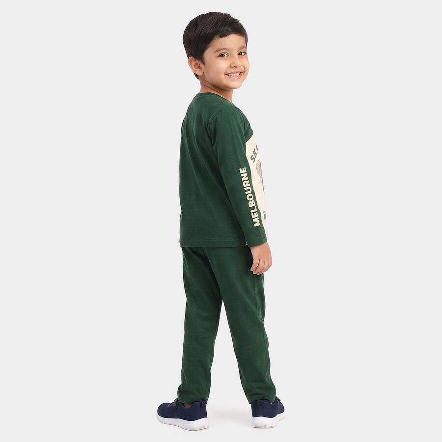 Boys' Green 100% Cotton Round Neck Graphic Print Baba Suit, गहरा हरा, large