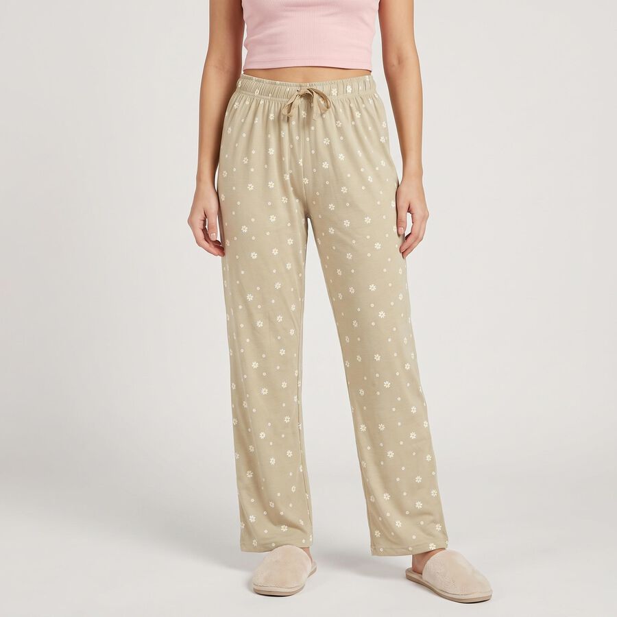 Women's Beige Relaxed Fit Floral Printed Lounge Pyjama, गहरा पीला, large