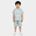 Boys Light Blue 100% Cotton Cuban Collar Printed Baba Suit, हल्का नीला, small