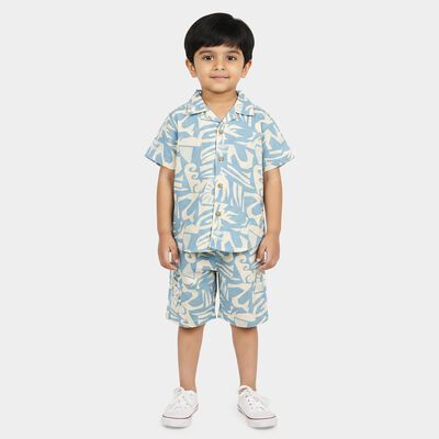 Boys Light Blue 100% Cotton Cuban Collar Printed Baba Suit