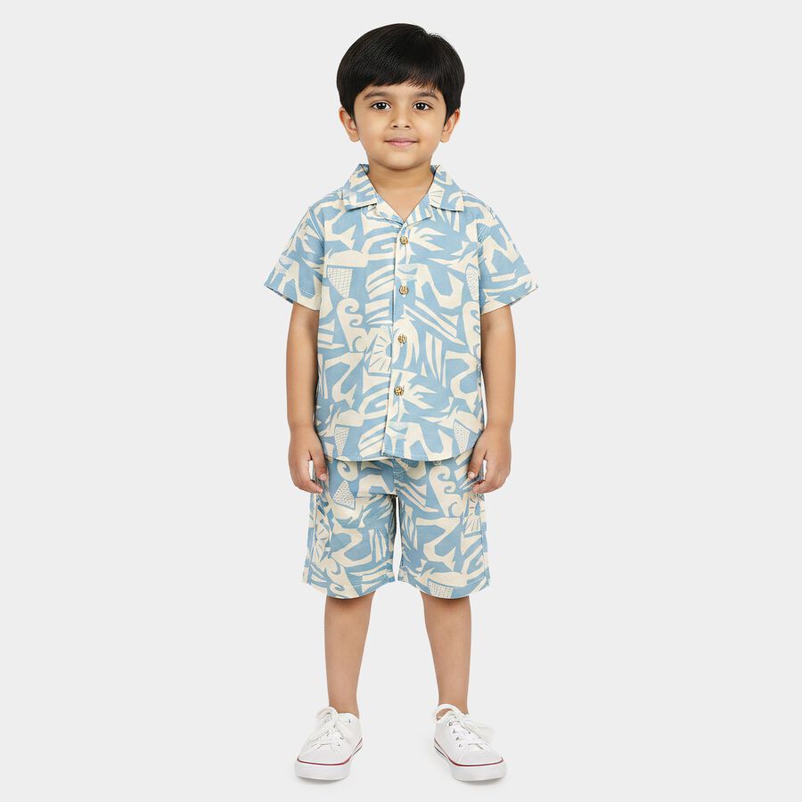 Boys Light Blue 100% Cotton Cuban Collar Printed Baba Suit, हल्का नीला, large